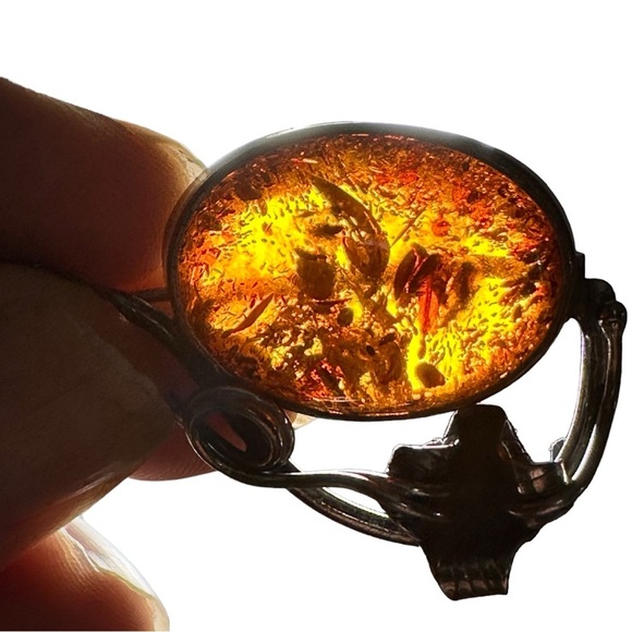 Vtg Signed M 925 Sterling Silver Natural Amber Cabochon Floral Brooch Pin 2” 13g - Picture 12 of 16